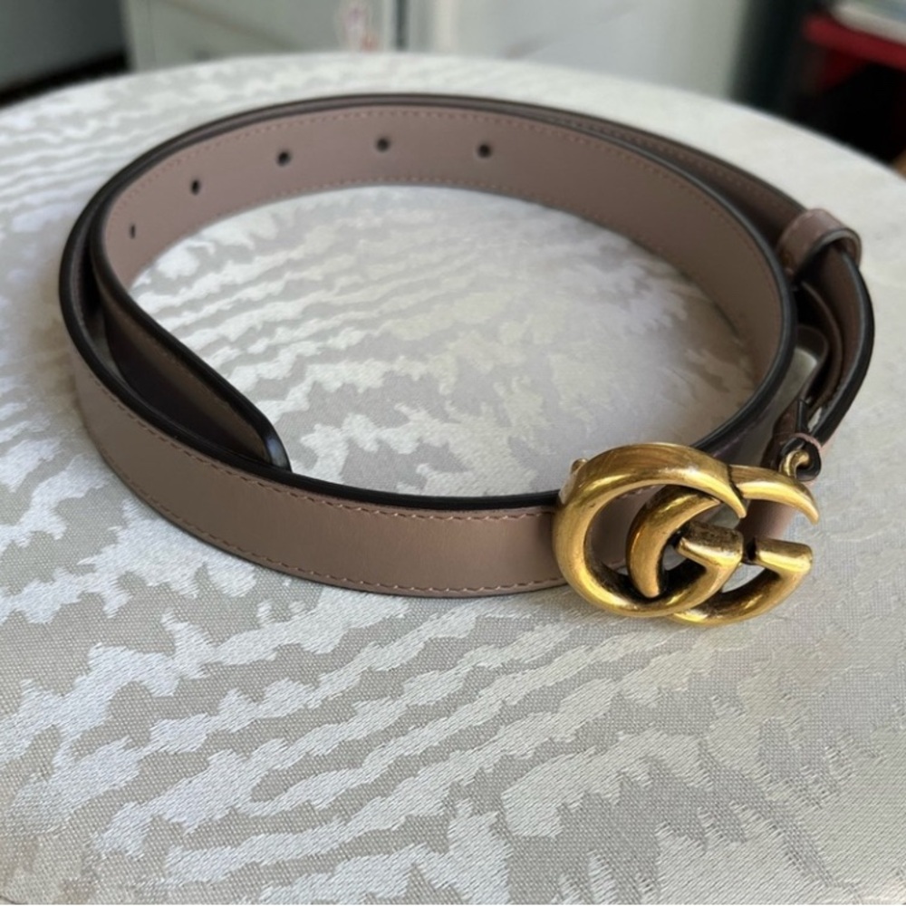 Gucci Marmont Taupe Thin Leather Belt with Gold Buckle